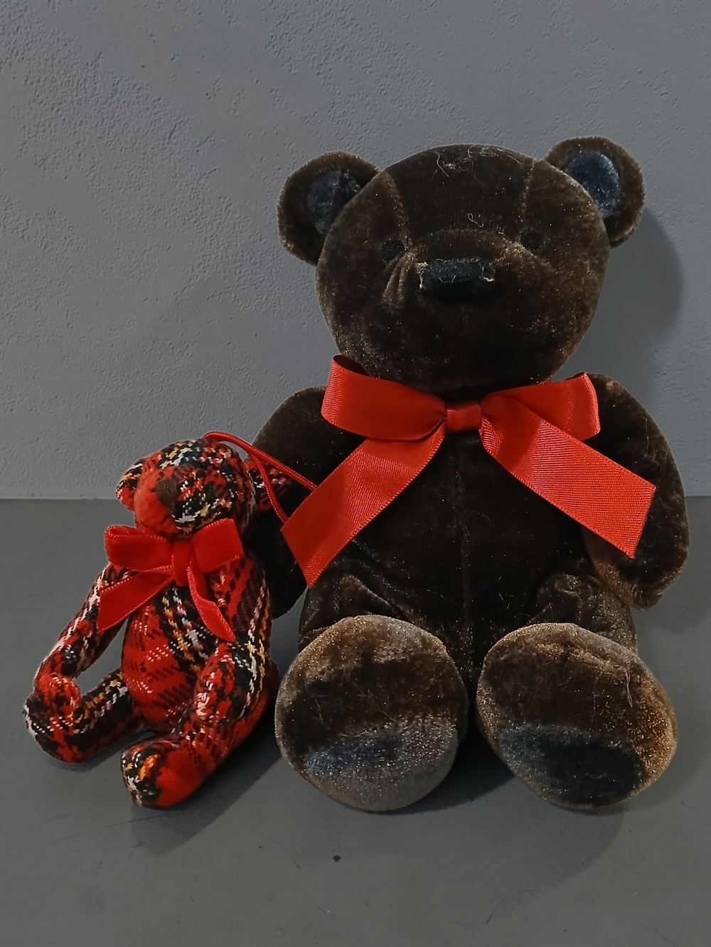 Plush Brown Teddy Bear with Red Ribbon And Flannel Bear Ornamen